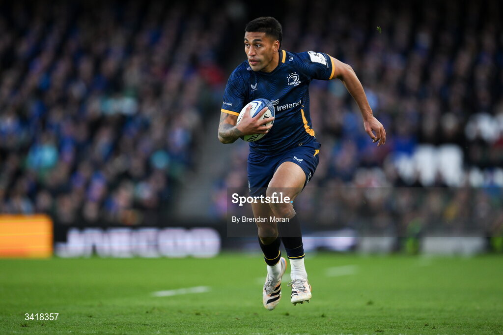 5 April 2026; Rieko Ioane of Leinster during the Investec Champions Cup match between Leinster and Edinburgh at the Aviva Stadium in Dublin. Photo by Brendan Moran/Sportsfile
