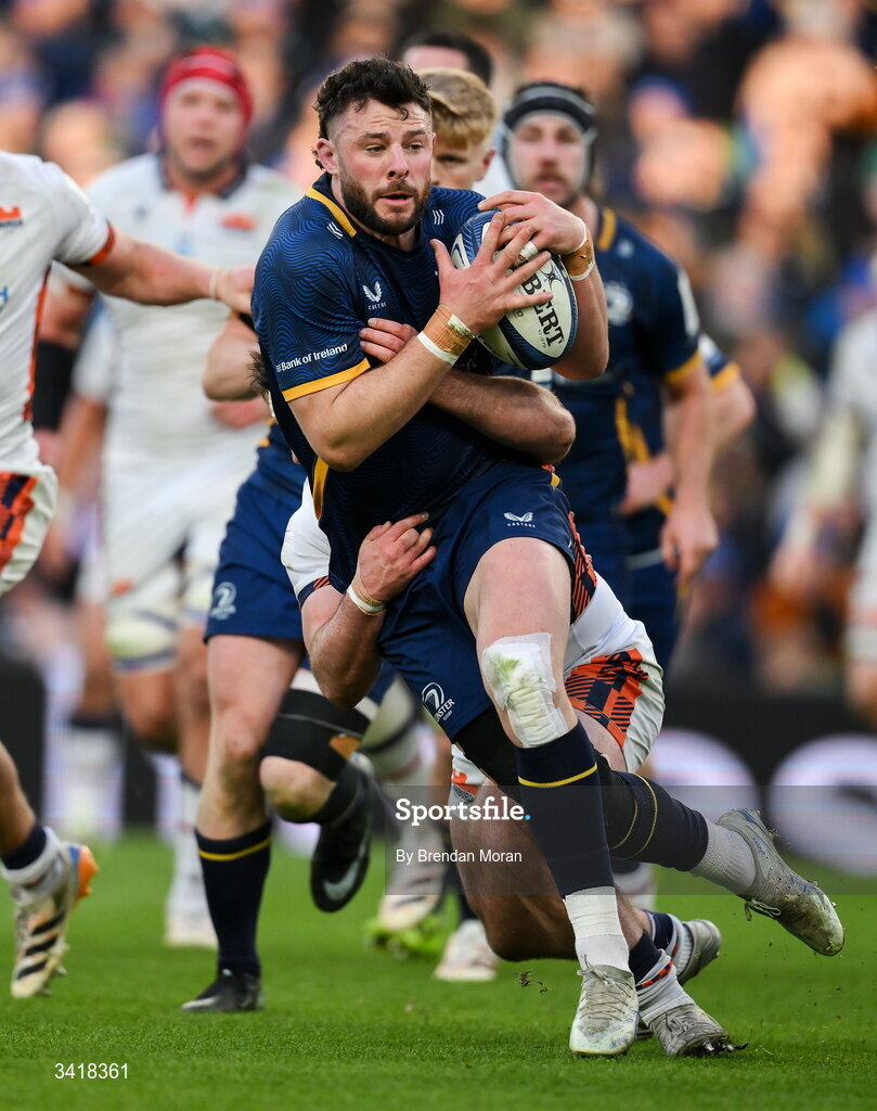 5 April 2026; Robbie Henshaw of Leinster is tackled by Jerry Blyth-Lafferty of Edinburgh  during the Investec Champions Cup match between Leinster and Edinburgh at the Aviva Stadium in Dublin. Photo by Brendan Moran/Sportsfile