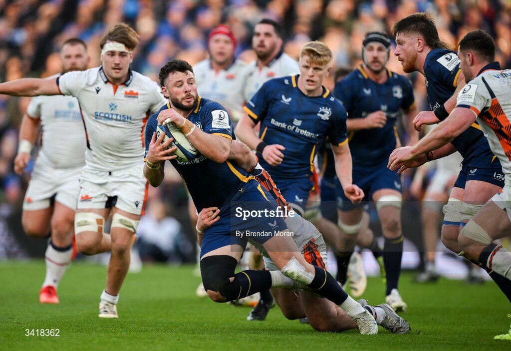 5 April 2026; Robbie Henshaw of Leinster is tackled by Jerry Blyth-Lafferty of Edinburgh  during the Investec Champions Cup match between Leinster and Edinburgh at the Aviva Stadium in Dublin. Photo by Brendan Moran/Sportsfile