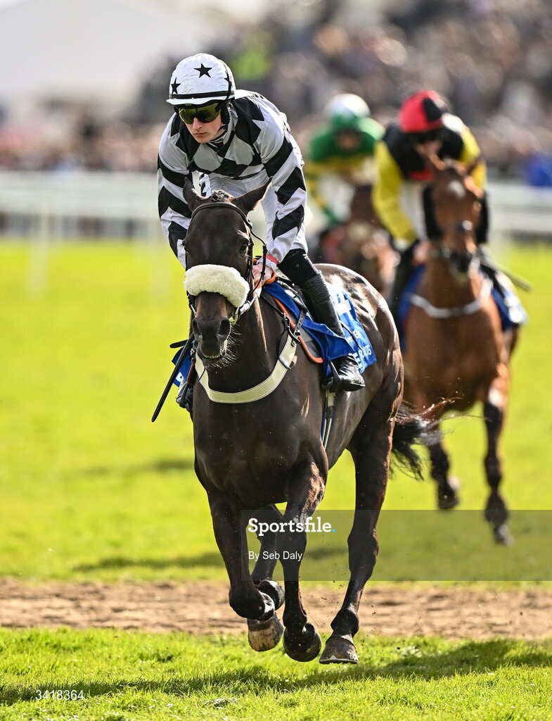 6 April 2026; Jockey Alex Harvey and Velvet Elvis go to post before the BOYLE Sports Irish Grand National Steeplechase during day three of the Fairyhouse Easter Festival at Fairyhouse Racecourse in Ratoath, Meath. Photo by Seb Daly/Sportsfile