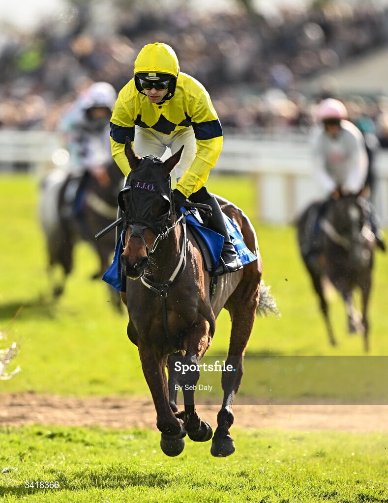 6 April 2026; Jockey Jonjo O'Neill Jr and Monbeg Genius go to post before the BOYLE Sports Irish Grand National Steeplechase during day three of the Fairyhouse Easter Festival at Fairyhouse Racecourse in Ratoath, Meath. Photo by Seb Daly/Sportsfile