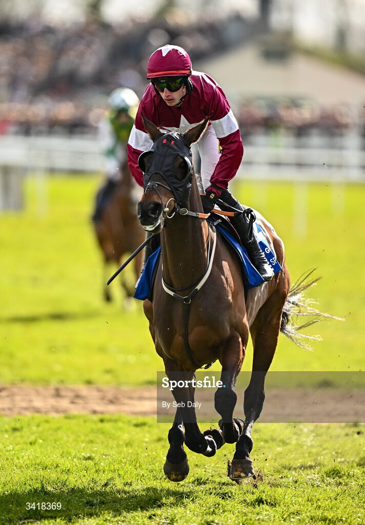 6 April 2026; Jockey James Smith and Search For Glory go to post before the BOYLE Sports Irish Grand National Steeplechase during day three of the Fairyhouse Easter Festival at Fairyhouse Racecourse in Ratoath, Meath. Photo by Seb Daly/Sportsfile