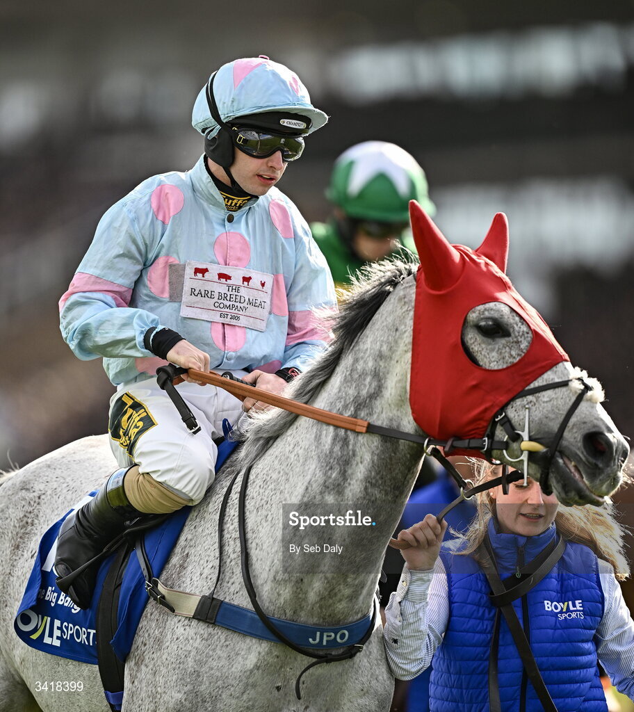 6 April 2026; Jockey Sean Bowen and One Big Bang before the BOYLE Sports Irish Grand National Steeplechase during day three of the Fairyhouse Easter Festival at Fairyhouse Racecourse in Ratoath, Meath. Photo by Seb Daly/Sportsfile