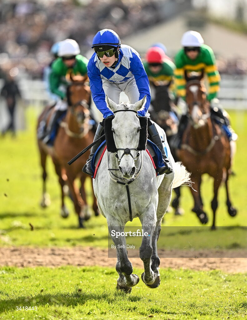 6 April 2026; Jockey Josh Williamson and Duffle Coat go to post before the BOYLE Sports Irish Grand National Steeplechase during day three of the Fairyhouse Easter Festival at Fairyhouse Racecourse in Ratoath, Meath. Photo by Seb Daly/Sportsfile