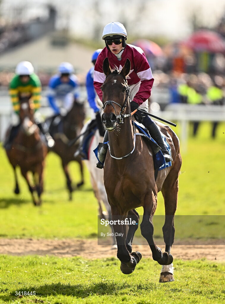 6 April 2026; Jockey Danny Gilligan and The Enabler go to post before the BOYLE Sports Irish Grand National Steeplechase during day three of the Fairyhouse Easter Festival at Fairyhouse Racecourse in Ratoath, Meath. Photo by Seb Daly/Sportsfile