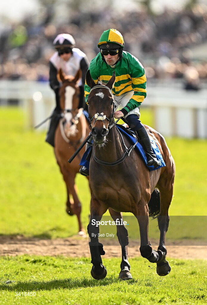 6 April 2026; Jockey Simon Torrens and Better Times Ahead go to post before the BOYLE Sports Irish Grand National Steeplechase during day three of the Fairyhouse Easter Festival at Fairyhouse Racecourse in Ratoath, Meath. Photo by Seb Daly/Sportsfile