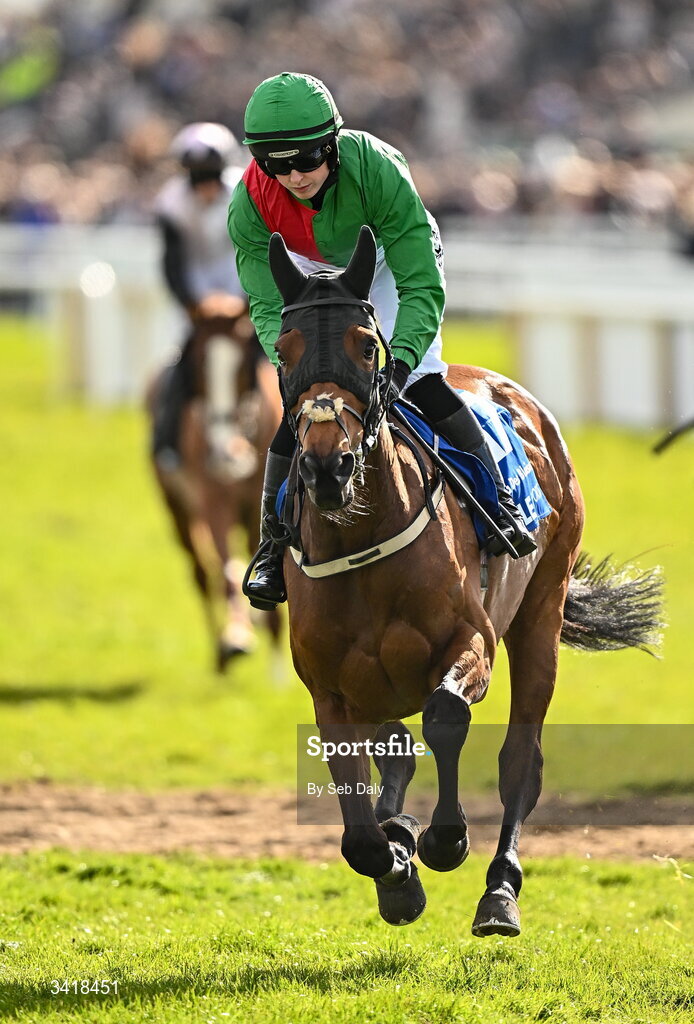 6 April 2026; Jockey Anna McGuinness and Karia Des Blaises go to post before the BOYLE Sports Irish Grand National Steeplechase during day three of the Fairyhouse Easter Festival at Fairyhouse Racecourse in Ratoath, Meath. Photo by Seb Daly/Sportsfile