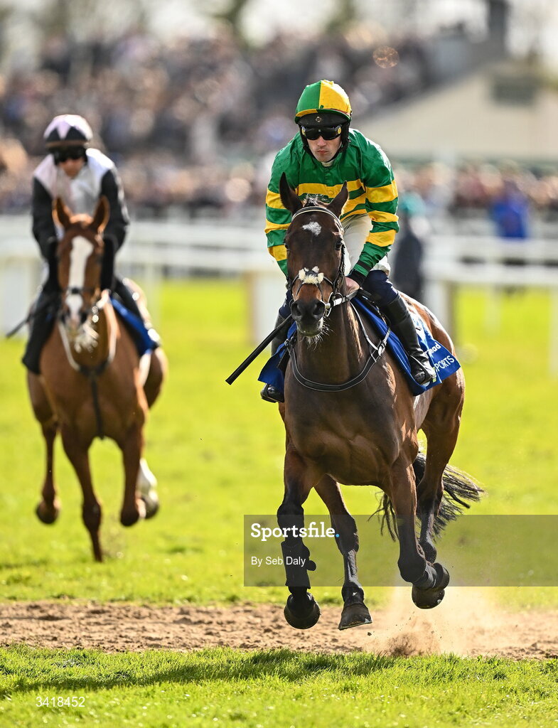 6 April 2026; Jockey Simon Torrens and Better Times Ahead go to post before the BOYLE Sports Irish Grand National Steeplechase during day three of the Fairyhouse Easter Festival at Fairyhouse Racecourse in Ratoath, Meath. Photo by Seb Daly/Sportsfile