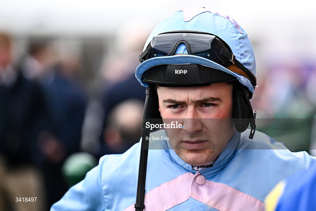 6 April 2026; Jockey Jordan Gainford before the Farmhouse Foods Novice Handicap Hurdle during day three of the Fairyhouse Easter Festival at Fairyhouse Racecourse in Ratoath, Meath. Photo by Seb Daly/Sportsfile