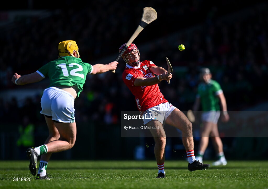 5 April 2026; William Buckley of Cork in action against Cathal O'Neill of Limerick during the Allianz Hurling League Division 1A final match between Limerick and Cork at TUS Gaelic Grounds in Limerick. Photo by Piaras Ó Mídheach/Sportsfile