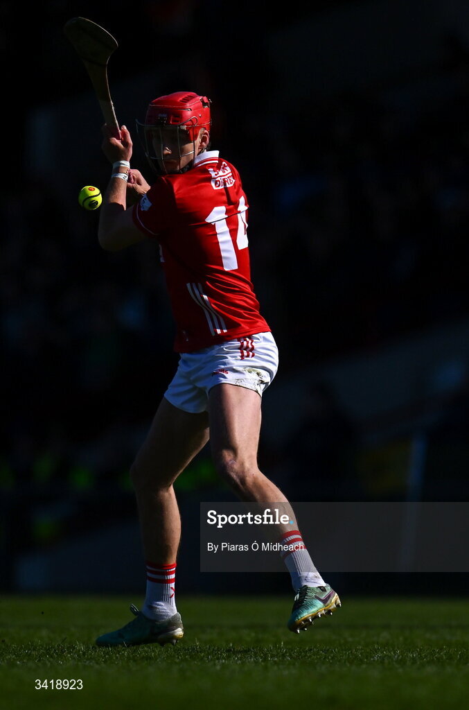 5 April 2026; Alan Connolly of Cork takes a free during the Allianz Hurling League Division 1A final match between Limerick and Cork at TUS Gaelic Grounds in Limerick. Photo by Piaras Ó Mídheach/Sportsfile