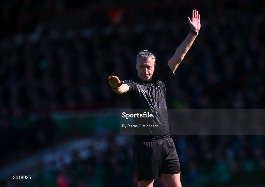 5 April 2026; Referee Shane Hynes during the Allianz Hurling League Division 1A final match between Limerick and Cork at TUS Gaelic Grounds in Limerick. Photo by Piaras Ó Mídheach/Sportsfile