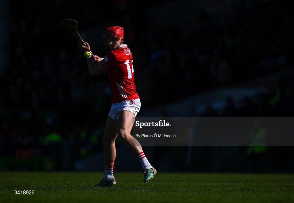 5 April 2026; Alan Connolly of Cork takes a free during the Allianz Hurling League Division 1A final match between Limerick and Cork at TUS Gaelic Grounds in Limerick. Photo by Piaras Ó Mídheach/Sportsfile