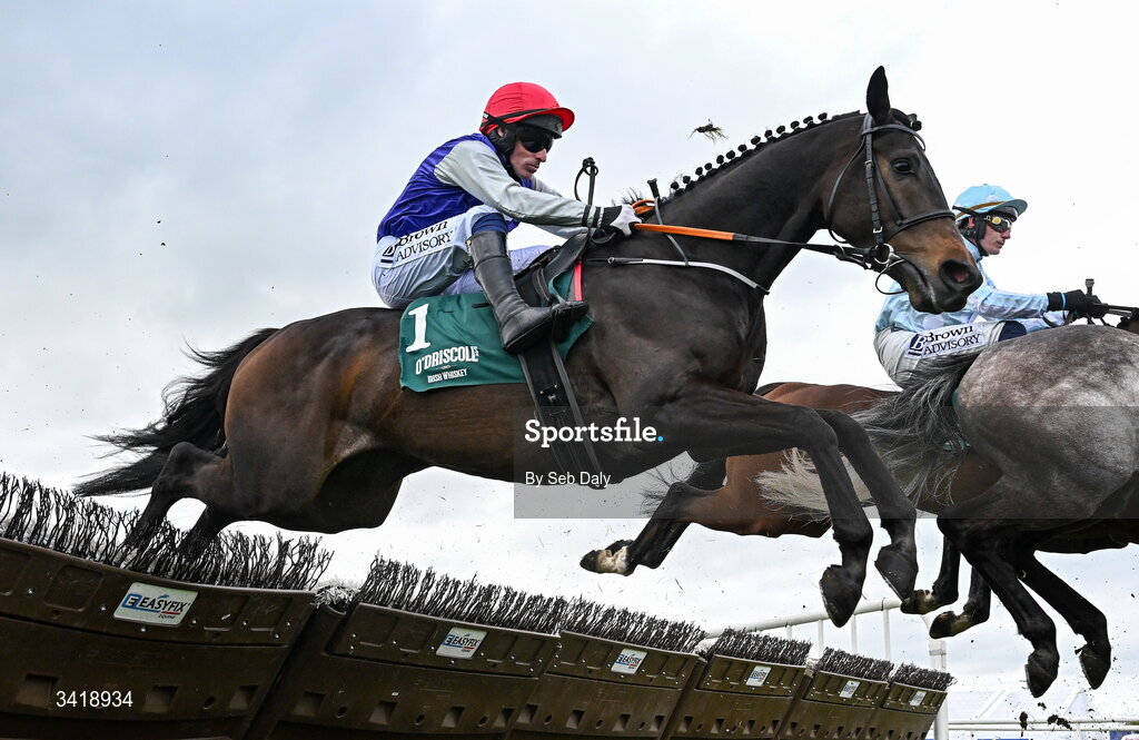 6 April 2026; Harwa, with Sean Flanagan up, during the O'Driscoll's Irish Whiskey Juvenile Hurdle on day three of the Fairyhouse Easter Festival at Fairyhouse Racecourse in Ratoath, Meath. Photo by Seb Daly/Sportsfile