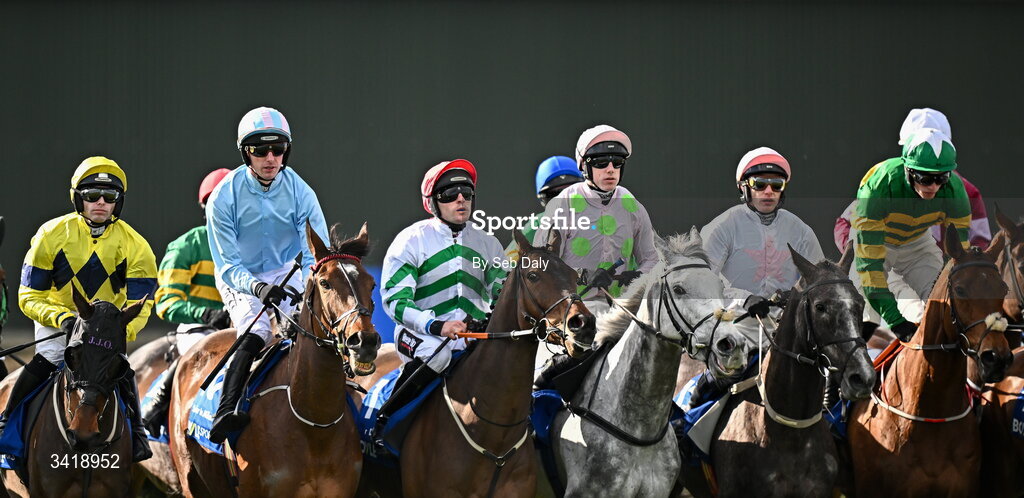6 April 2026; Runners and riders before the BOYLE Sports Irish Grand National Steeplechase during day three of the Fairyhouse Easter Festival at Fairyhouse Racecourse in Ratoath, Meath. Photo by Seb Daly/Sportsfile
