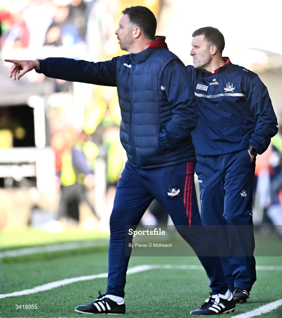 5 April 2026; Cork selector Ronan Curran, left, and Cork manager Ben O'Connor during the Allianz Hurling League Division 1A final match between Limerick and Cork at TUS Gaelic Grounds in Limerick. Photo by Piaras Ó Mídheach/Sportsfile