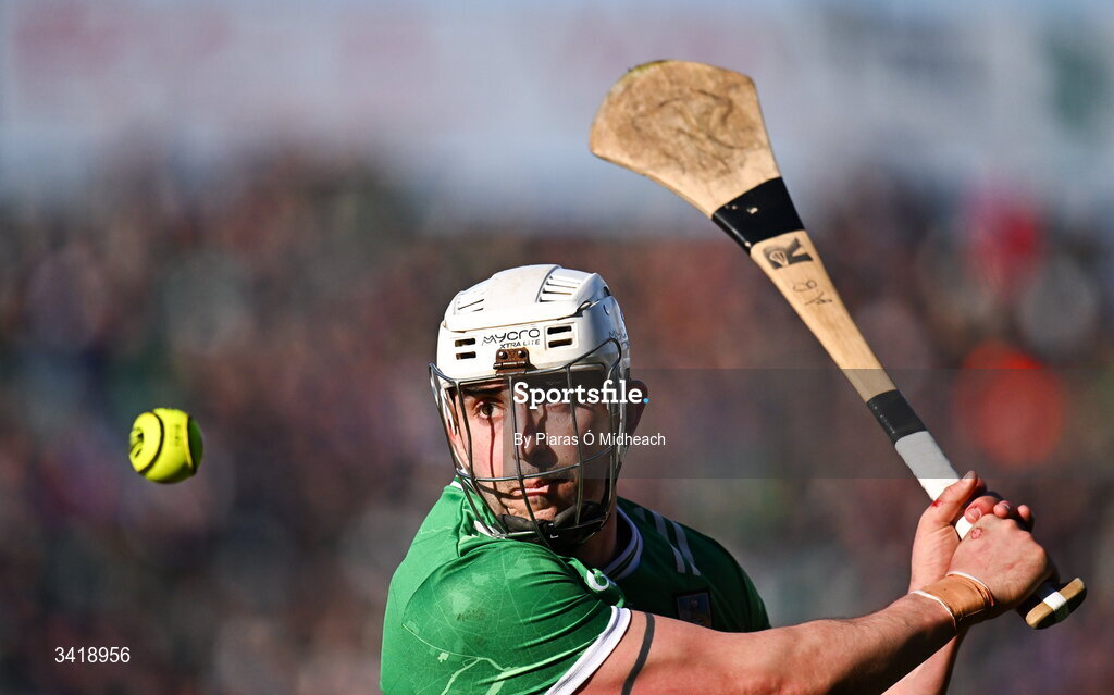 5 April 2026; Aaron Gillane of Limerick takes a free during the Allianz Hurling League Division 1A final match between Limerick and Cork at TUS Gaelic Grounds in Limerick. Photo by Piaras Ó Mídheach/Sportsfile