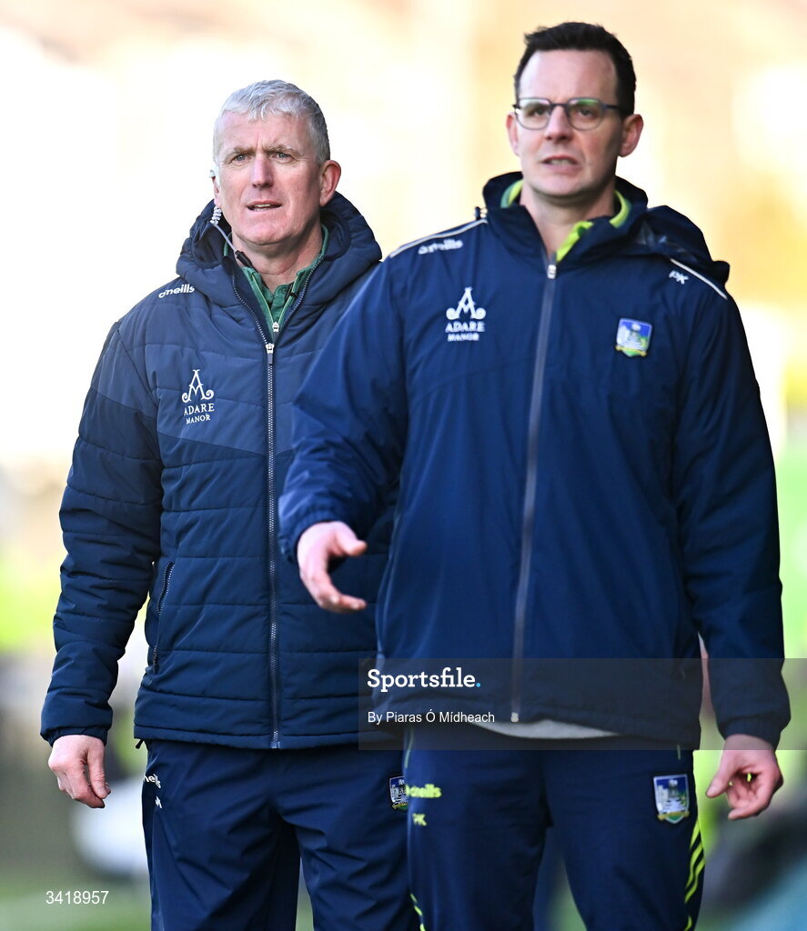 5 April 2026; Limerick manager John Kiely, left, and Limerick coach Paul Kinnerk during the Allianz Hurling League Division 1A final match between Limerick and Cork at TUS Gaelic Grounds in Limerick. Photo by Piaras Ó Mídheach/Sportsfile
