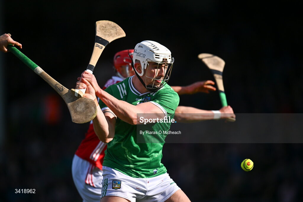 5 April 2026; Aaron Gillane of Limerick is tackled by Cork players Ger Millerick, left, and Ciarán Joyce during the Allianz Hurling League Division 1A final match between Limerick and Cork at TUS Gaelic Grounds in Limerick. Photo by Piaras Ó Mídheach/Sportsfile