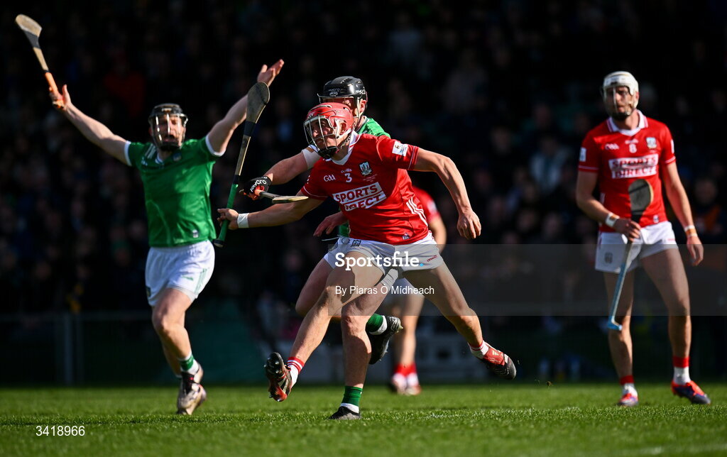 5 April 2026; Ciarán Joyce of Cork in action against Darragh O'Donovan of Limerick during the Allianz Hurling League Division 1A final match between Limerick and Cork at TUS Gaelic Grounds in Limerick. Photo by Piaras Ó Mídheach/Sportsfile