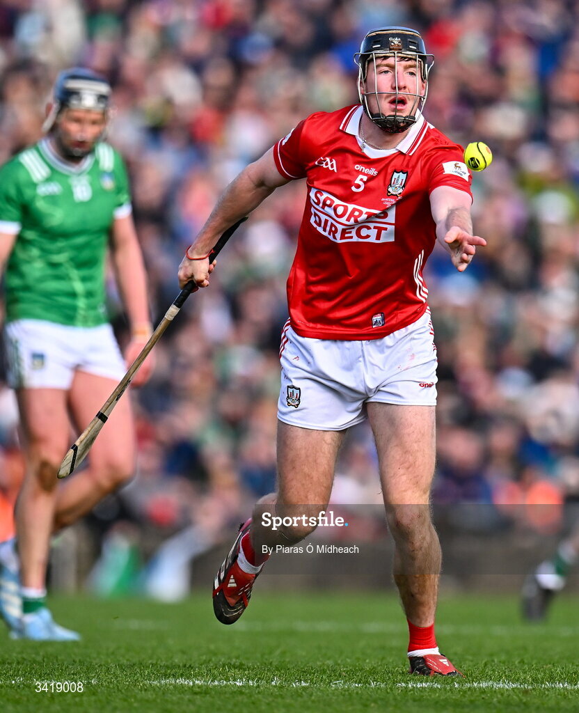 5 April 2026; Eoin Downey of Cork during the Allianz Hurling League Division 1A final match between Limerick and Cork at TUS Gaelic Grounds in Limerick. Photo by Piaras Ó Mídheach/Sportsfile