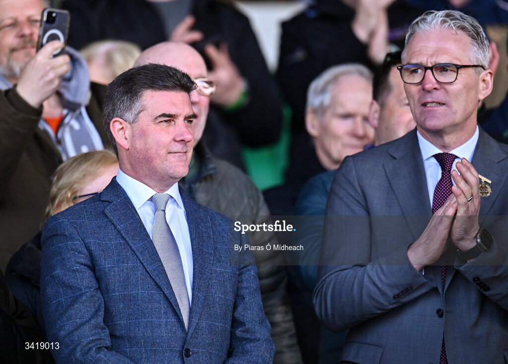 5 April 2026; Geoff Sparling, Chief Customer Officer at Allianz plc, left, with Uachtarán Chumann Lúthchleas Gael Jarlath Burns after the Allianz Hurling League Division 1A final match between Limerick and Cork at TUS Gaelic Grounds in Limerick. Photo by Piaras Ó Mídheach/Sportsfile