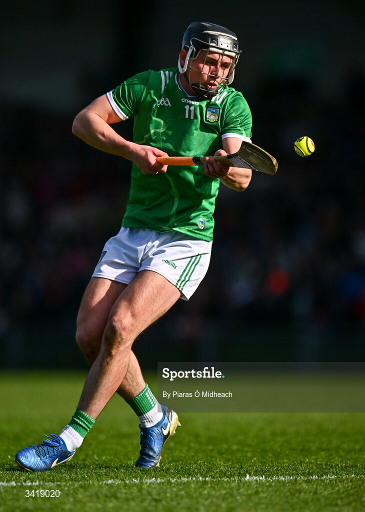 5 April 2026; Aidan O'Connor of Limerick takes a free during the Allianz Hurling League Division 1A final match between Limerick and Cork at TUS Gaelic Grounds in Limerick. Photo by Piaras Ó Mídheach/Sportsfile