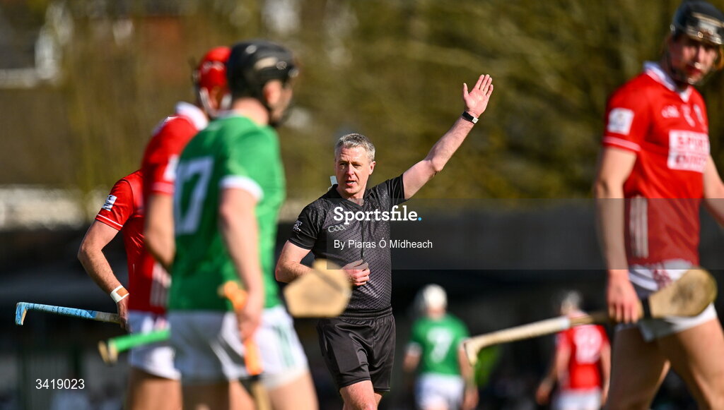 5 April 2026; Referee Shane Hynes during the Allianz Hurling League Division 1A final match between Limerick and Cork at TUS Gaelic Grounds in Limerick. Photo by Piaras Ó Mídheach/Sportsfile