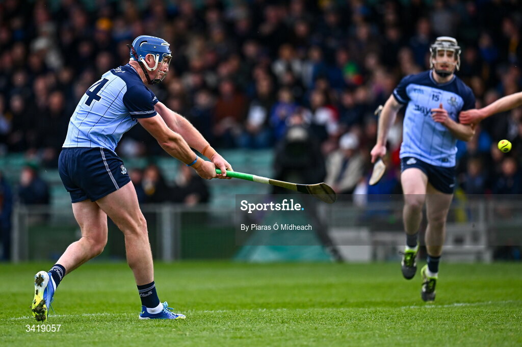 5 April 2026; John Hetherton of Dublin scores his side's first goal, from a penalty, during the Allianz Hurling League Division 1B final match between Clare and Dublin at TUS Gaelic Grounds in Limerick. Photo by Piaras Ó Mídheach/Sportsfile