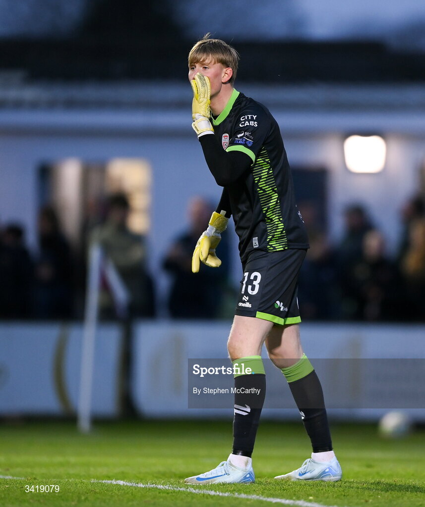 3 April 2026; Derry City goalkeeper Eddie Beach during the SSE Airtricity Men's Premier Division match between Galway United and Derry City at Eamonn Deacy Park in Galway. Photo by Stephen McCarthy/Sportsfile