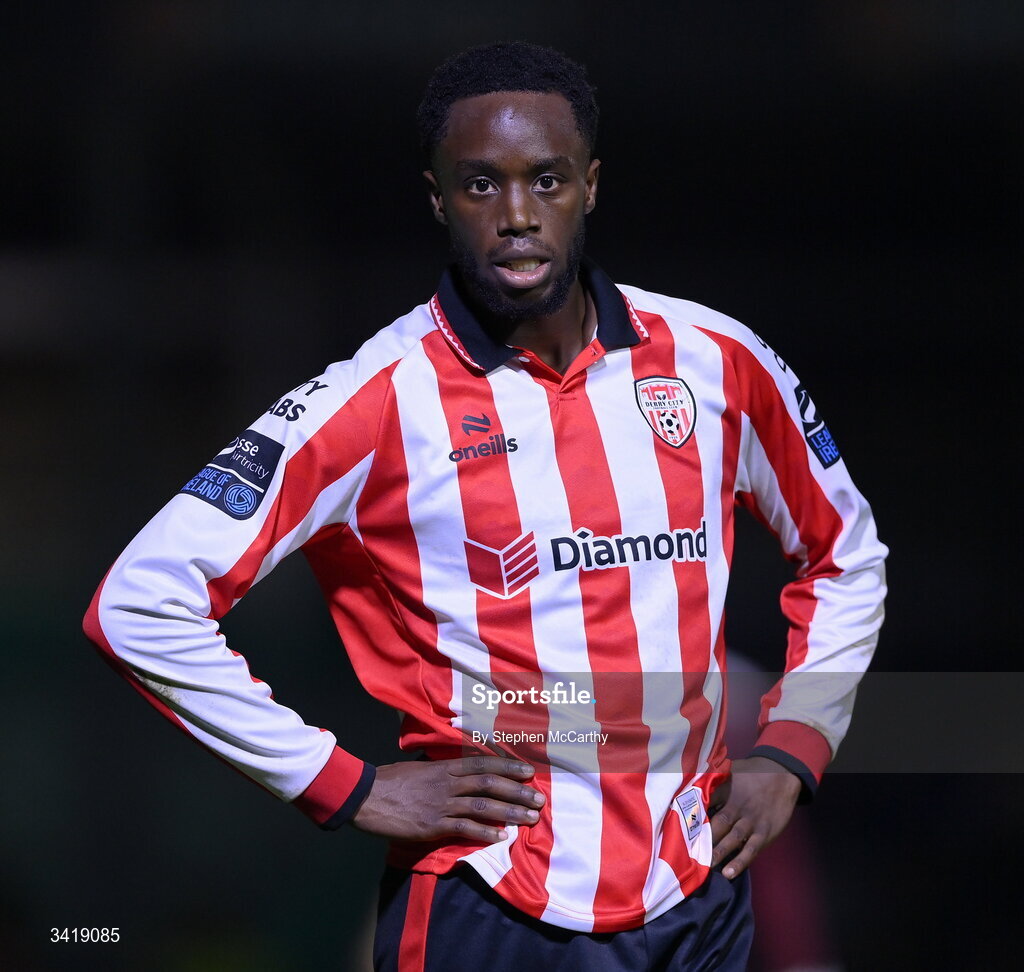 3 April 2026; James Olayinka of Derry City during the SSE Airtricity Men's Premier Division match between Galway United and Derry City at Eamonn Deacy Park in Galway. Photo by Stephen McCarthy/Sportsfile