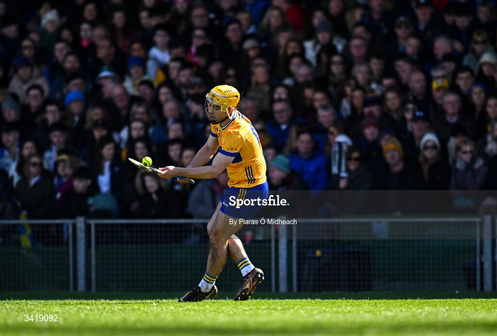 5 April 2026; Mark Rodgers of Clare takes a free during the Allianz Hurling League Division 1B final match between Clare and Dublin at TUS Gaelic Grounds in Limerick. Photo by Piaras Ó Mídheach/Sportsfile