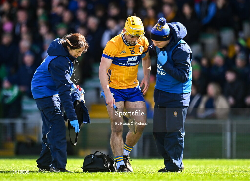 5 April 2026; Mark Rodgers of Clare receives medical attention for an injury during the Allianz Hurling League Division 1B final match between Clare and Dublin at TUS Gaelic Grounds in Limerick. Photo by Piaras Ó Mídheach/Sportsfile