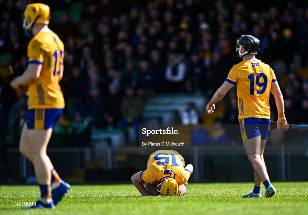 5 April 2026; Mark Rodgers of Clare awaits medical attention for an injury during the Allianz Hurling League Division 1B final match between Clare and Dublin at TUS Gaelic Grounds in Limerick. Photo by Piaras Ó Mídheach/Sportsfile