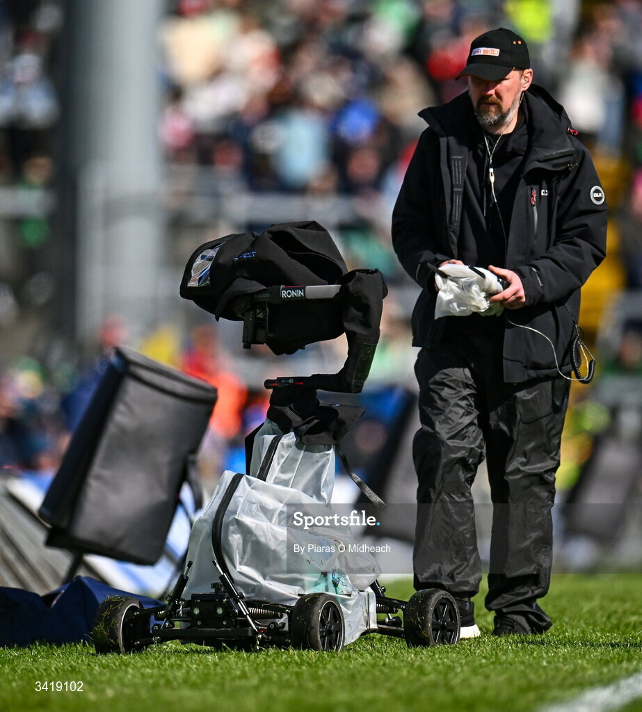 5 April 2026; A camera operator with a remote control TV camera during the Allianz Hurling League Division 1B final match between Clare and Dublin at TUS Gaelic Grounds in Limerick. Photo by Piaras Ó Mídheach/Sportsfile