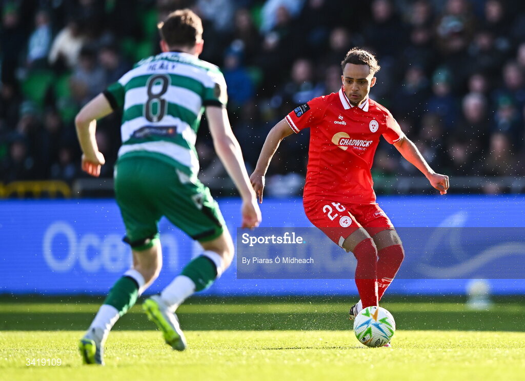6 April 2026; Maill Lundgren of Shelbourne in action against Matt Healy of Shamrock Rovers during the SSE Airtricity Men's Premier Division match between Shamrock Rovers and Shelbourne at Tallaght Stadium in Dublin. Photo by Piaras Ó Mídheach/Sportsfile