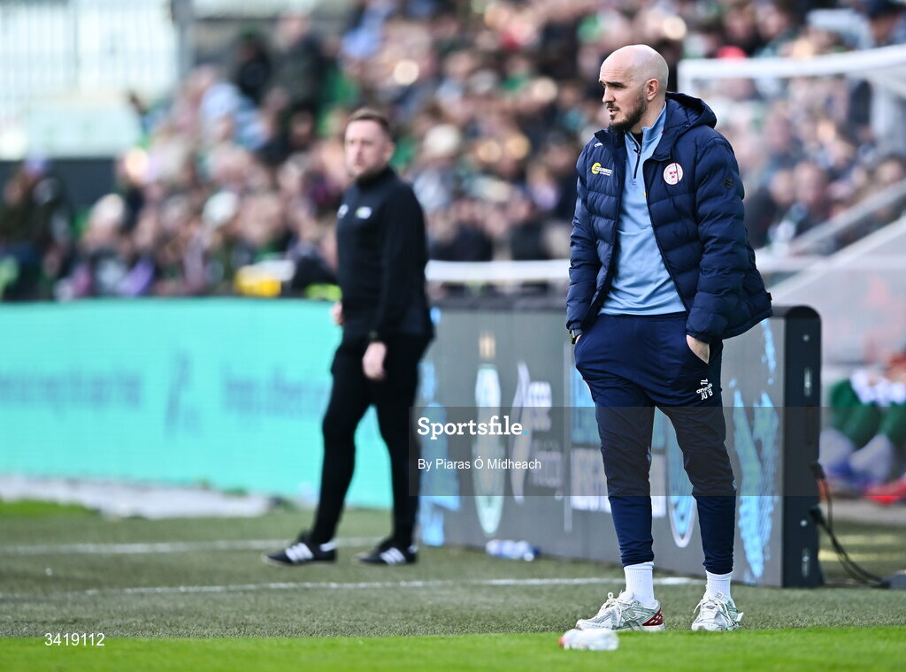 6 April 2026; Shelbourne head coach Joey O'Brien during the SSE Airtricity Men's Premier Division match between Shamrock Rovers and Shelbourne at Tallaght Stadium in Dublin. Photo by Piaras Ó Mídheach/Sportsfile