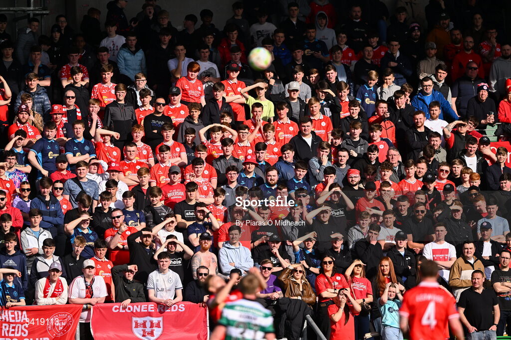 6 April 2026; Shelbourne supporters during the SSE Airtricity Men's Premier Division match between Shamrock Rovers and Shelbourne at Tallaght Stadium in Dublin. Photo by Piaras Ó Mídheach/Sportsfile