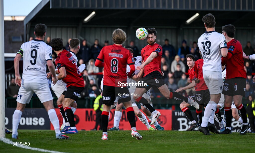 6 April 2026; Jordan Flores of Bohemians heads on goal during the SSE Airtricity Men's Premier Division match between Bohemians and Waterford at Dalymount Park in Dublin. Photo by Paul Phelan/Sportsfile