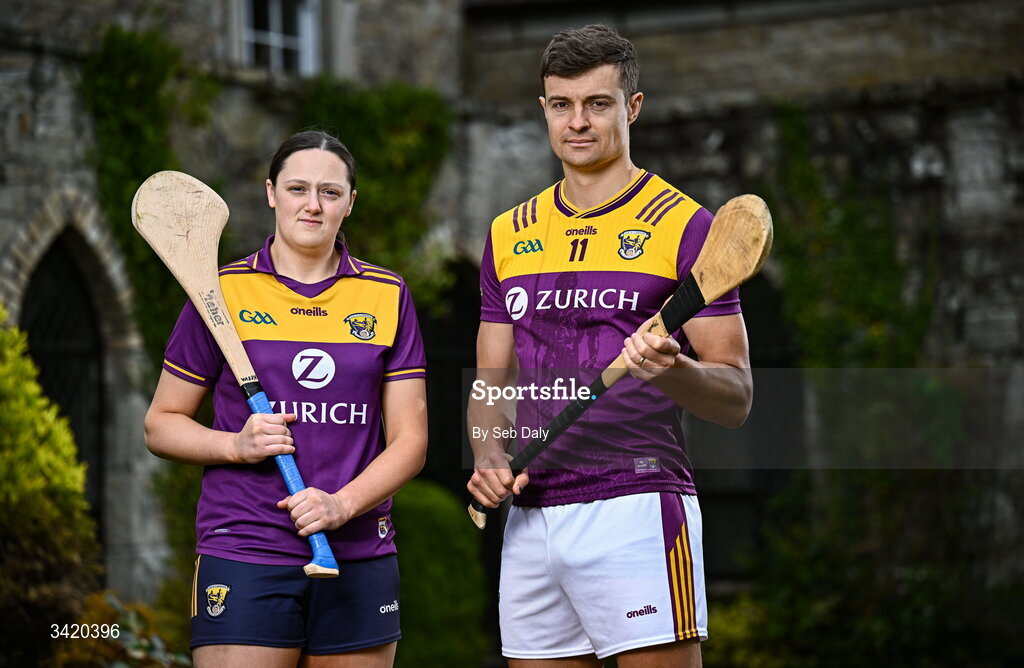 9 April 2026; Keeva Steadmond and Jack O'Connor of Wexford pictured at the launch of the 2026 Leinster GAA Senior Hurling and Camogie Championships, at The Kinnitty Castle Hotel in Kinnitty, Offaly. Photo by Seb Daly/Sportsfile