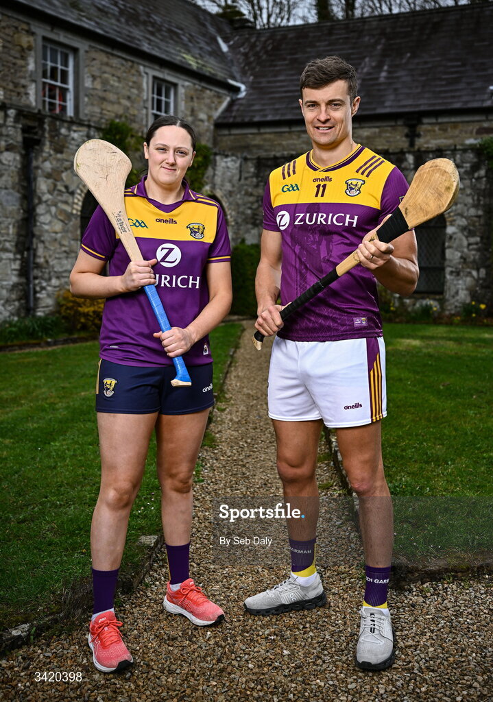 9 April 2026; Keeva Steadmond and Jack O'Connor of Wexford pictured at the launch of the 2026 Leinster GAA Senior Hurling and Camogie Championships, at The Kinnitty Castle Hotel in Kinnitty, Offaly. Photo by Seb Daly/Sportsfile