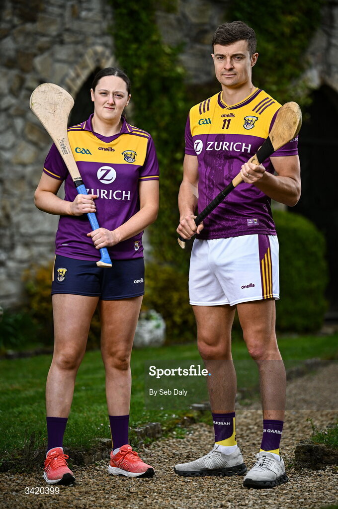 9 April 2026; Keeva Steadmond and Jack O'Connor of Wexford pictured at the launch of the 2026 Leinster GAA Senior Hurling and Camogie Championships, at The Kinnitty Castle Hotel in Kinnitty, Offaly. Photo by Seb Daly/Sportsfile
