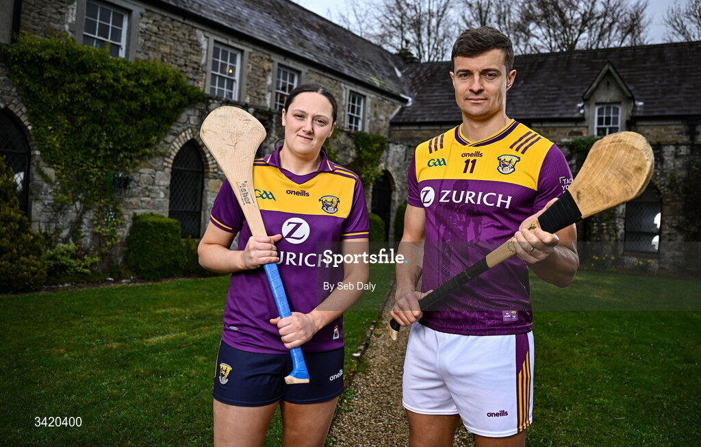 9 April 2026; Keeva Steadmond and Jack O'Connor of Wexford pictured at the launch of the 2026 Leinster GAA Senior Hurling and Camogie Championships, at The Kinnitty Castle Hotel in Kinnitty, Offaly. Photo by Seb Daly/Sportsfile