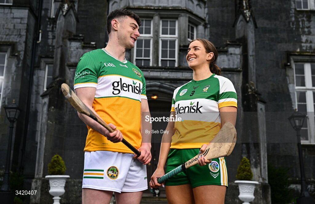 9 April 2026; Charlie Mitchell and Amy Byrne of Offaly pictured at the launch of the 2026 Leinster GAA Senior Hurling and Camogie Championships, at The Kinnitty Castle Hotel in Kinnitty, Offaly. Photo by Seb Daly/Sportsfile
