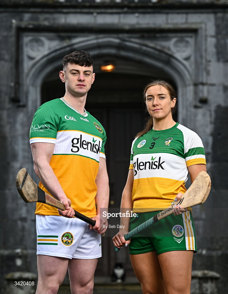 9 April 2026; Charlie Mitchell and Amy Byrne of Offaly pictured at the launch of the 2026 Leinster GAA Senior Hurling and Camogie Championships, at The Kinnitty Castle Hotel in Kinnitty, Offaly. Photo by Seb Daly/Sportsfile