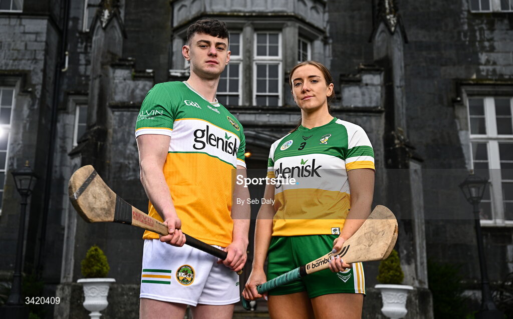 9 April 2026; Charlie Mitchell and Amy Byrne of Offaly pictured at the launch of the 2026 Leinster GAA Senior Hurling and Camogie Championships, at The Kinnitty Castle Hotel in Kinnitty, Offaly. Photo by Seb Daly/Sportsfile