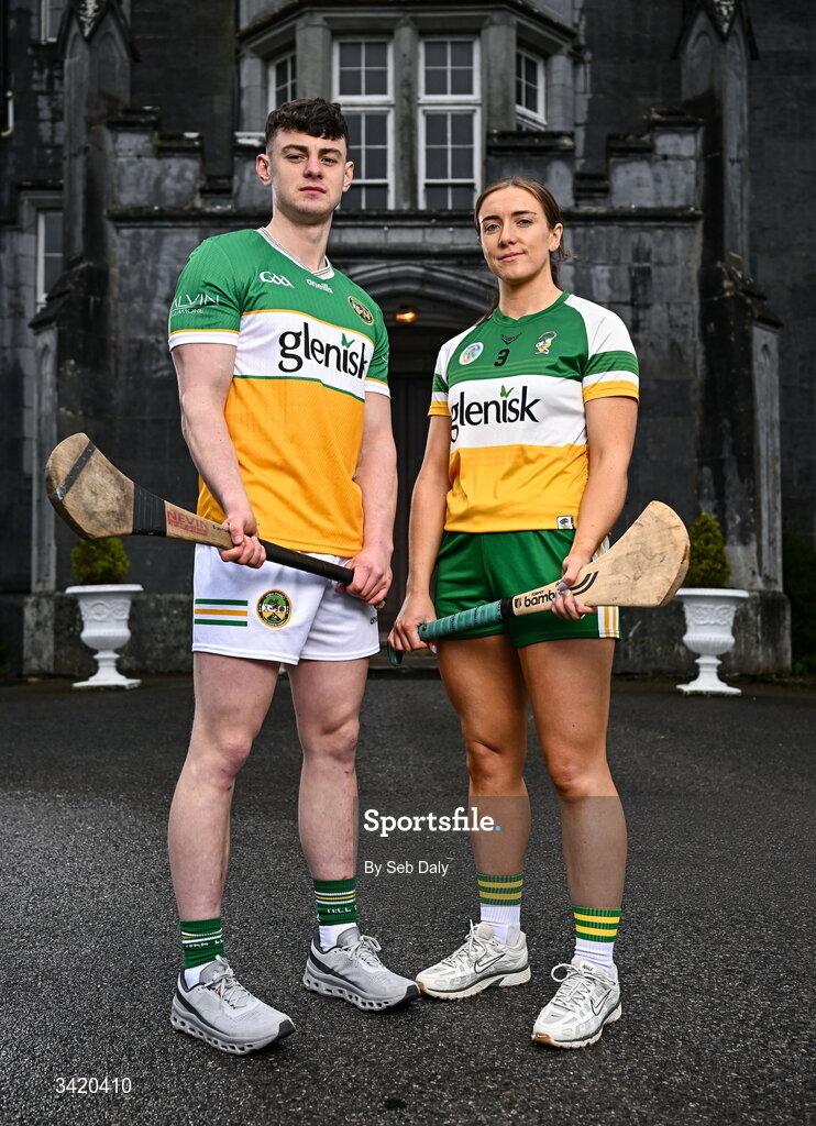 9 April 2026; Charlie Mitchell and Amy Byrne of Offaly pictured at the launch of the 2026 Leinster GAA Senior Hurling and Camogie Championships, at The Kinnitty Castle Hotel in Kinnitty, Offaly. Photo by Seb Daly/Sportsfile