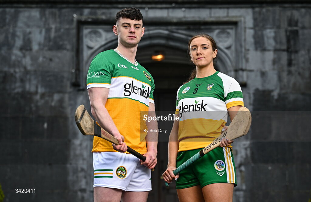 9 April 2026; Charlie Mitchell and Amy Byrne of Offaly pictured at the launch of the 2026 Leinster GAA Senior Hurling and Camogie Championships, at The Kinnitty Castle Hotel in Kinnitty, Offaly. Photo by Seb Daly/Sportsfile