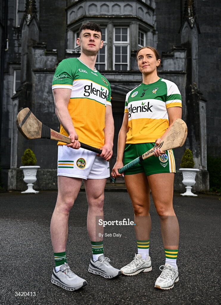 9 April 2026; Charlie Mitchell and Amy Byrne of Offaly pictured at the launch of the 2026 Leinster GAA Senior Hurling and Camogie Championships, at The Kinnitty Castle Hotel in Kinnitty, Offaly. Photo by Seb Daly/Sportsfile
