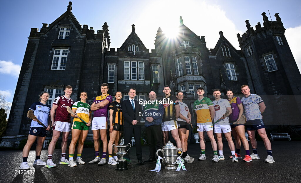 9 April 2026; In attendance are, from left, Aisling O'Neill of Dublin, Darren Morrissey of Galway, Amy Byrne of Offaly, Jack O'Connor of Wexford, Caoimhe Dowling of Kilkenny, Leinster GAA treasurer Dermot Howlin, Leinster Camogie vice chair John Weir, Eoin Cody of Kilkenny, Roisin Roche of Kildare, Charlie Mitchell of Offaly, Muiris Curtin of Kildare, Keeva Steadmond of Wexford, and Conor McHugh of Dublin, at the launch of the 2026 Leinster GAA Senior Hurling and Camogie Championships, at The Kinnitty Castle Hotel in Kinnitty, Offaly. Photo by Seb Daly/Sportsfile